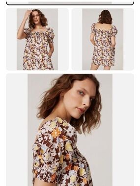 Tory Burch Brown Floral Square-Neck Puff-Sleeve Mini Dress